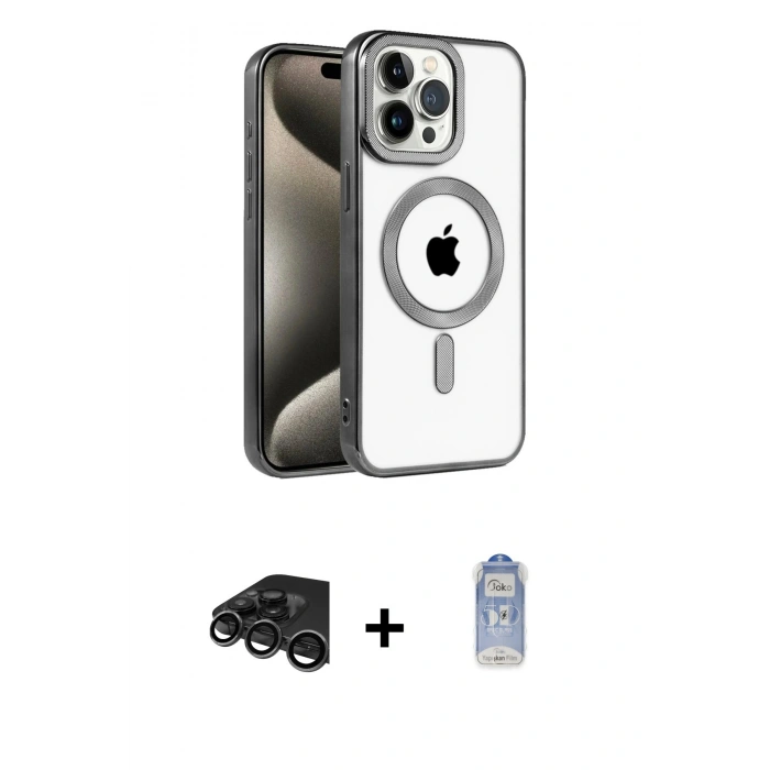 MARSİLYAN™- iPhone 15 Pro Max Kılıf Eksen Form Koleksiyonu - Siyah Joko Magic 5D Cam + Raze Metal Kamera Lens - TMGI