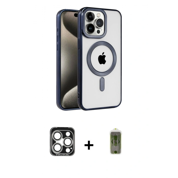 MARSİLYAN™- iPhone 15 Pro Max Kılıf Eksen Form Koleksiyonu - Siyah Joko Magic 5D Hayalet Cam + PVD Metal Kamera Lens - GS