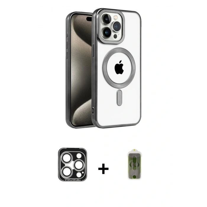 MARSİLYAN™- iPhone 15 Pro Max Kılıf Eksen Form Koleksiyonu - Siyah Joko Magic 5D Hayalet Cam + PVD Metal Kamera Lens - GS