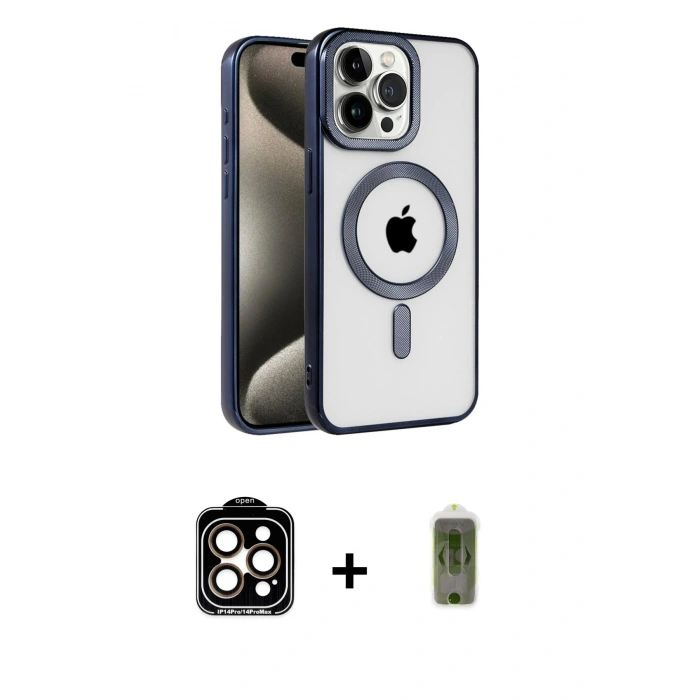 MARSİLYAN™- iPhone 15 Pro Max Kılıf Eksen Form Koleksiyonu - Siyah Joko Magic 5D Hayalet Cam + PVD Metal Kamera Lens - TU