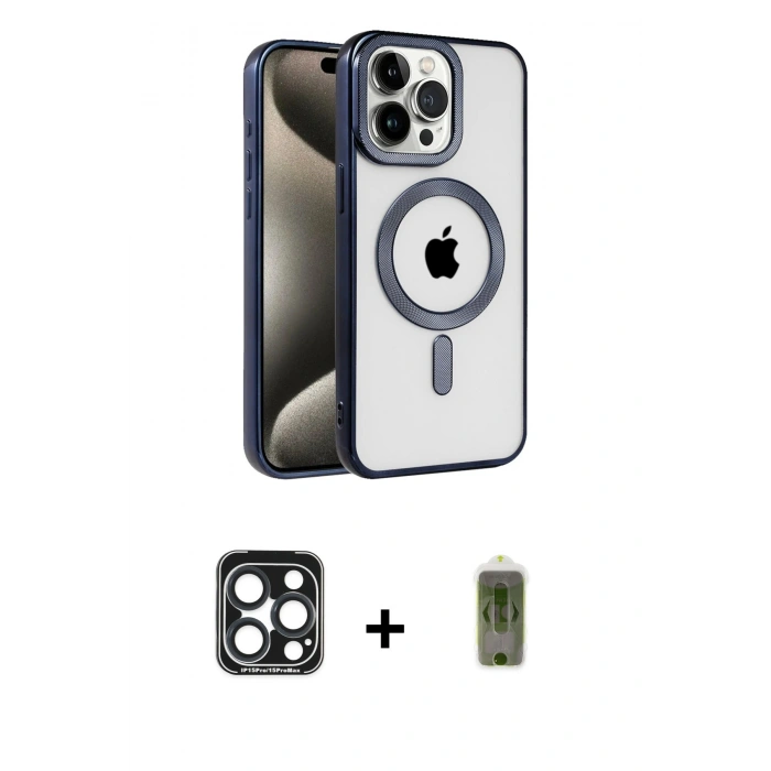 MARSİLYAN™- iPhone 15 Pro Max Kılıf Eksen Form Koleksiyonu - Siyah Joko Magic 5D Hayalet Cam + PVD Metal Kamera Lens - LT