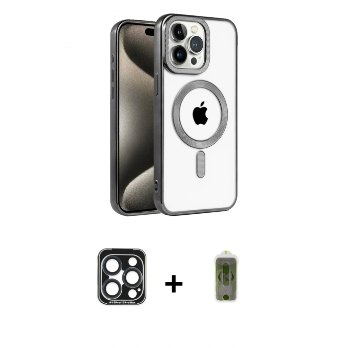 MARSİLYAN™- iPhone 15 Pro Max Kılıf Eksen Form Koleksiyonu - Siyah Joko Magic 5D Hayalet Cam + PVD Metal Kamera Lens - LT