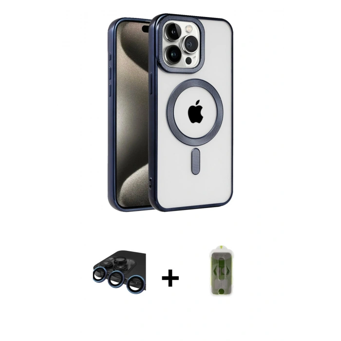MARSİLYAN™- iPhone 15 Pro Max Kılıf Eksen Form Koleksiyonu - Siyah Joko Magic 5D Hayalet Cam + Raze Metal Kamera Lens - LT