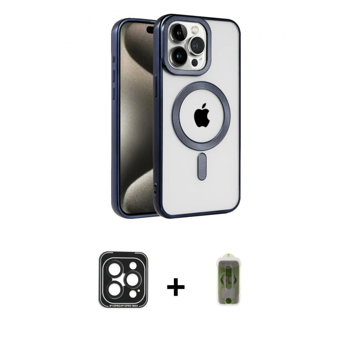 MARSİLYAN™- iPhone 15 Pro Max Kılıf Eksen Form Koleksiyonu - Siyah Joko Magic 5D Hayalet Cam + PVD Metal Kamera Lens - SH
