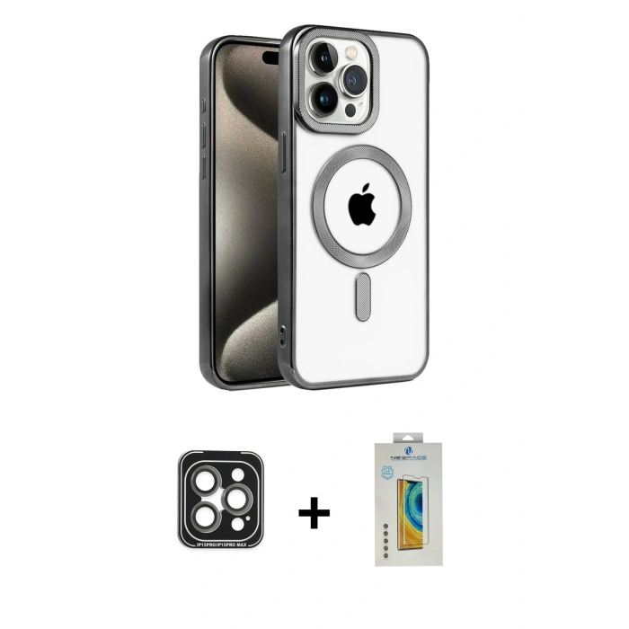 MARSİLYAN™- iPhone 15 Pro Max Kılıf Eksen Form Koleksiyonu - Siyah Polymer Nano Ekran Koruyucu + PVD Metal Kamera Lens - GI