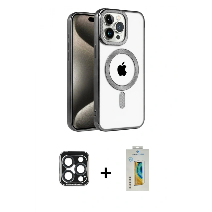 MARSİLYAN™- iPhone 15 Pro Max Kılıf Eksen Form Koleksiyonu - Siyah Polymer Nano Ekran Koruyucu + PVD Metal Kamera Lens - LT