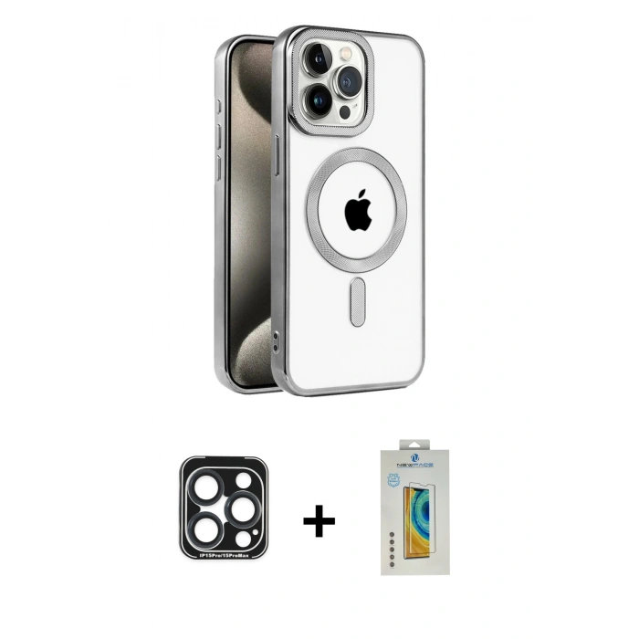 MARSİLYAN™- iPhone 15 Pro Max Kılıf Eksen Form Koleksiyonu - Siyah Polymer Nano Ekran Koruyucu + PVD Metal Kamera Lens - LT