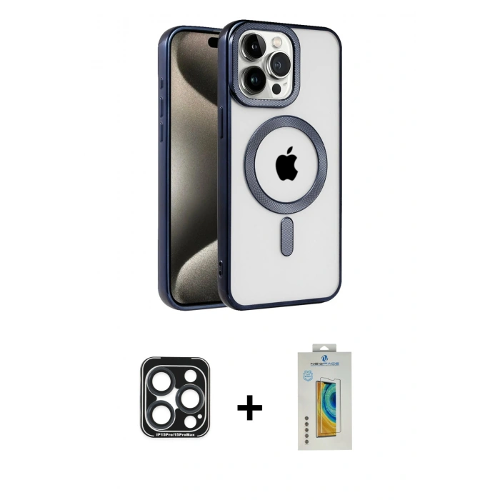 MARSİLYAN™- iPhone 15 Pro Max Kılıf Eksen Form Koleksiyonu - Siyah Polymer Nano Ekran Koruyucu + PVD Metal Kamera Lens - LT