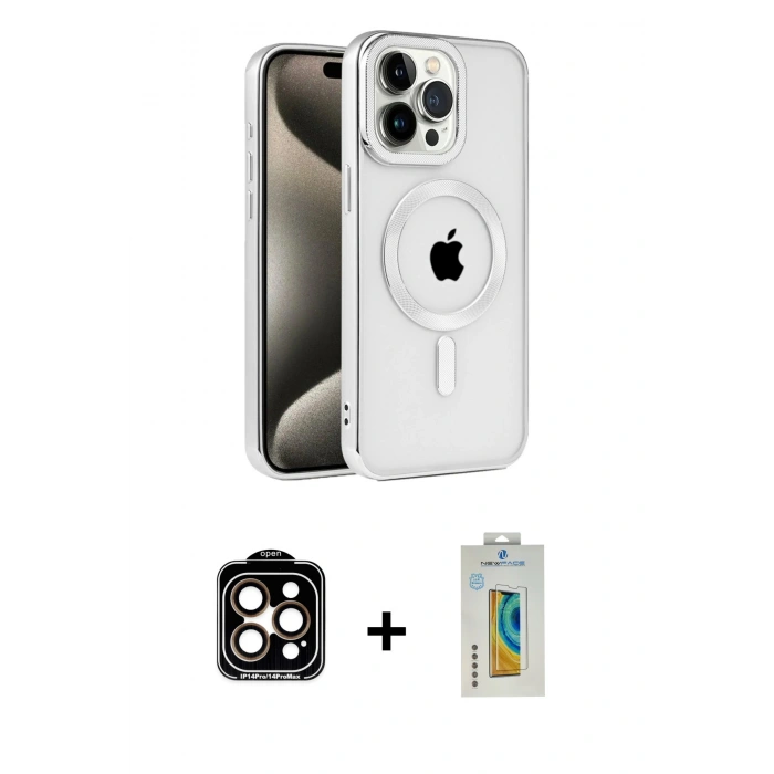 MARSİLYAN™- iPhone 15 Pro Max Kılıf Eksen Form Koleksiyonu - Siyah Polymer Nano Ekran Koruyucu + PVD Metal Kamera Lens - TU