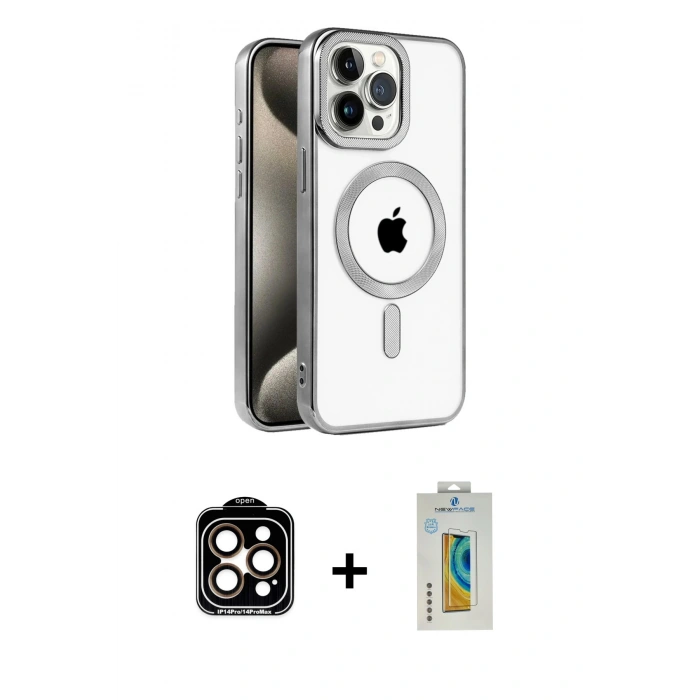 MARSİLYAN™- iPhone 15 Pro Max Kılıf Eksen Form Koleksiyonu - Siyah Polymer Nano Ekran Koruyucu + PVD Metal Kamera Lens - TU