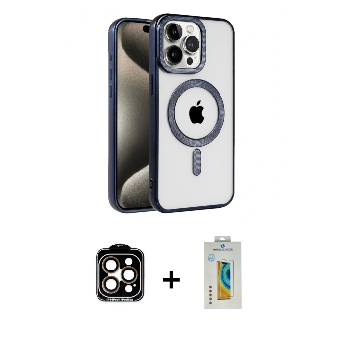 MARSİLYAN™- iPhone 15 Pro Max Kılıf Eksen Form Koleksiyonu - Siyah Polymer Nano Ekran Koruyucu + PVD Metal Kamera Lens - TU