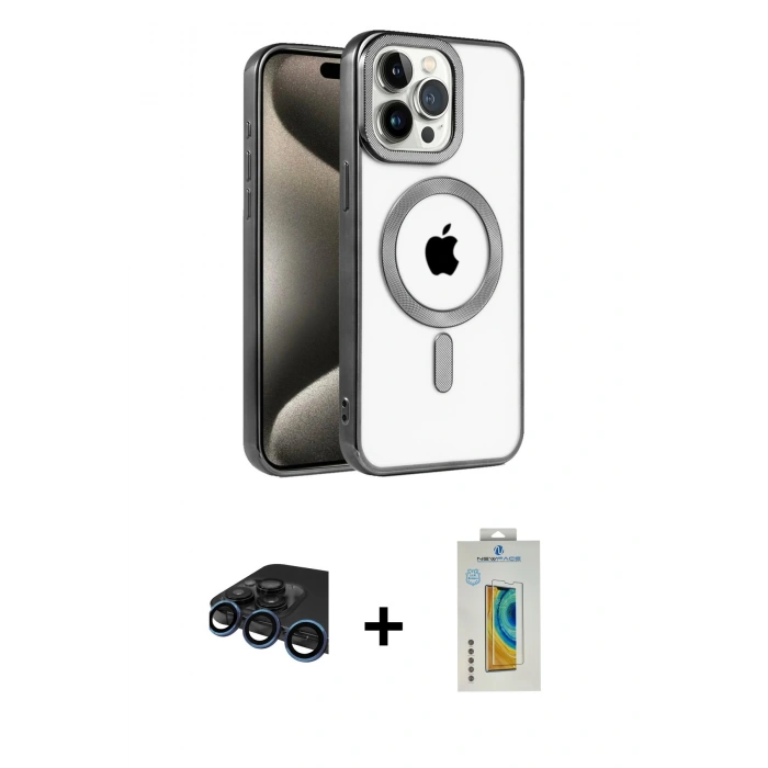 MARSİLYAN™- iPhone 15 Pro Max Kılıf Eksen Form Koleksiyonu - Siyah Polymer Nano Ekran Koruyucu + Raze Metal Kamera Lens - LT