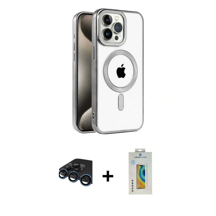 MARSİLYAN™- iPhone 15 Pro Max Kılıf Eksen Form Koleksiyonu - Siyah Polymer Nano Ekran Koruyucu + Raze Metal Kamera Lens - LT