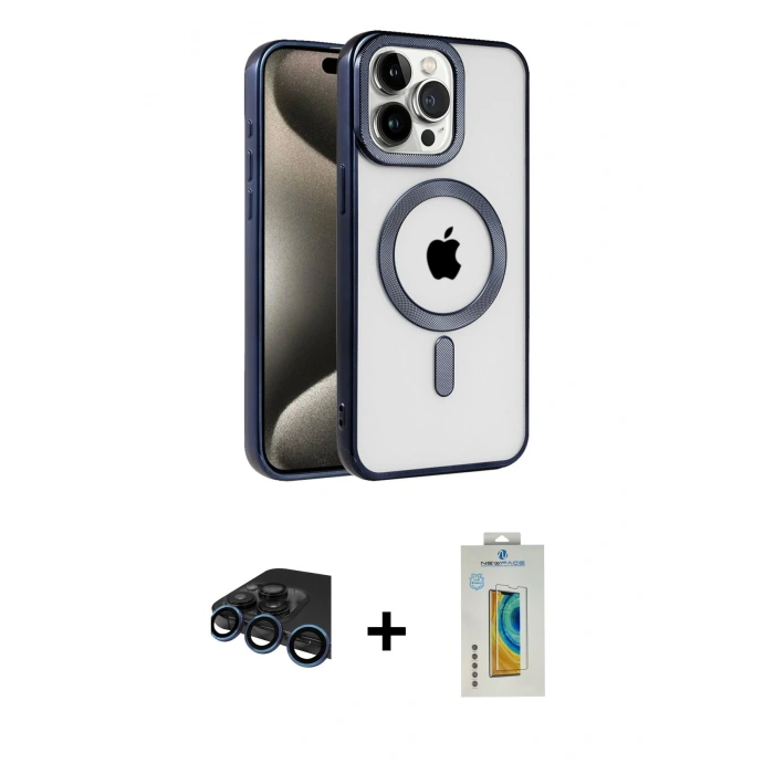 MARSİLYAN™- iPhone 15 Pro Max Kılıf Eksen Form Koleksiyonu - Siyah Polymer Nano Ekran Koruyucu + Raze Metal Kamera Lens - LT