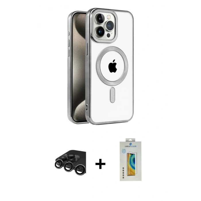 MARSİLYAN™- iPhone 15 Pro Max Kılıf Eksen Form Koleksiyonu - Siyah Polymer Nano Ekran Koruyucu + Raze Metal Kamera Lens - TMGI