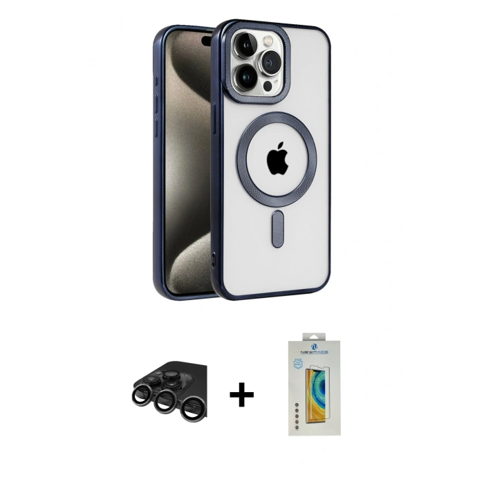 MARSİLYAN™- iPhone 15 Pro Max Kılıf Eksen Form Koleksiyonu - Siyah Polymer Nano Ekran Koruyucu + Raze Metal Kamera Lens - TMGI