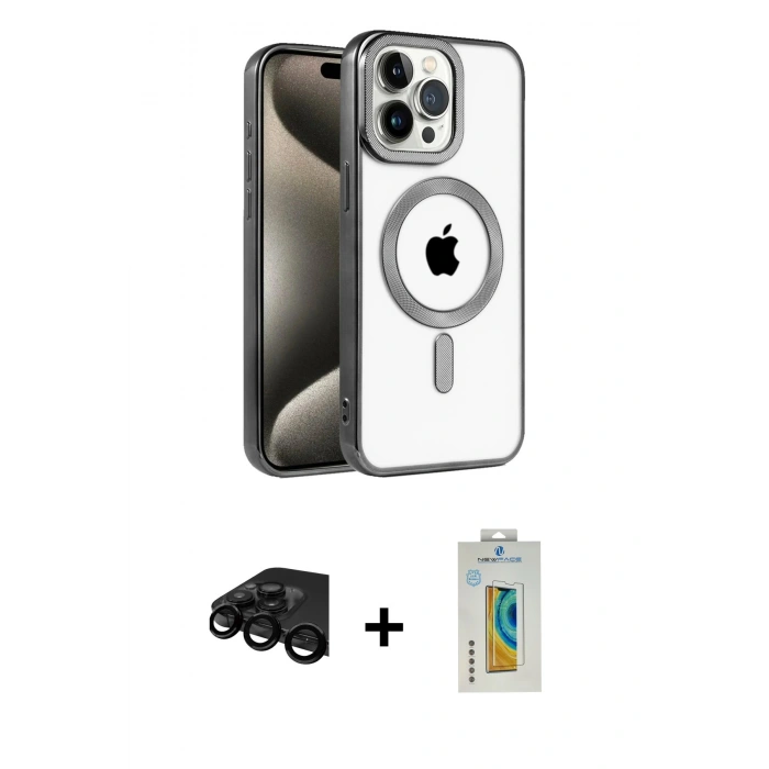 MARSİLYAN™- iPhone 15 Pro Max Kılıf Eksen Form Koleksiyonu - Siyah Polymer Nano Ekran Koruyucu + Raze Metal Kamera Lens - SH
