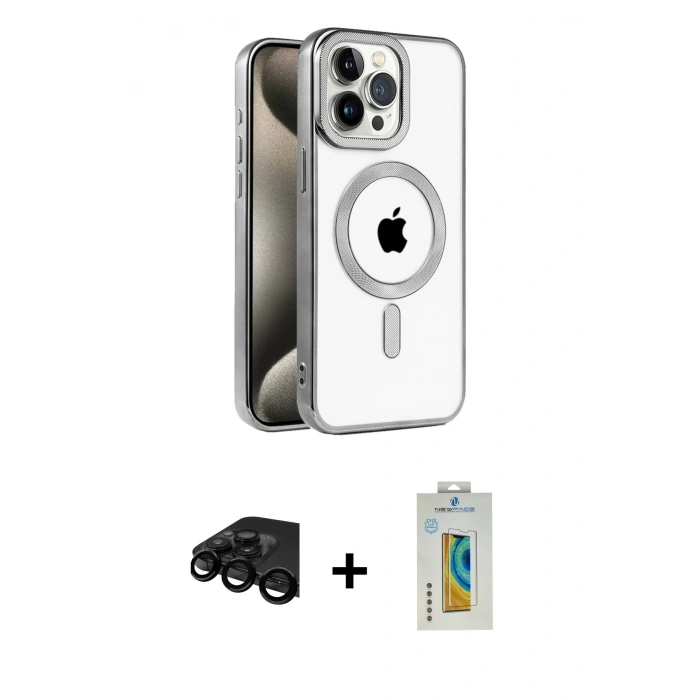 MARSİLYAN™- iPhone 15 Pro Max Kılıf Eksen Form Koleksiyonu - Siyah Polymer Nano Ekran Koruyucu + Raze Metal Kamera Lens - SH