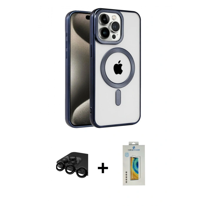 MARSİLYAN™- iPhone 15 Pro Max Kılıf Eksen Form Koleksiyonu - Siyah Polymer Nano Ekran Koruyucu + Raze Metal Kamera Lens - SH