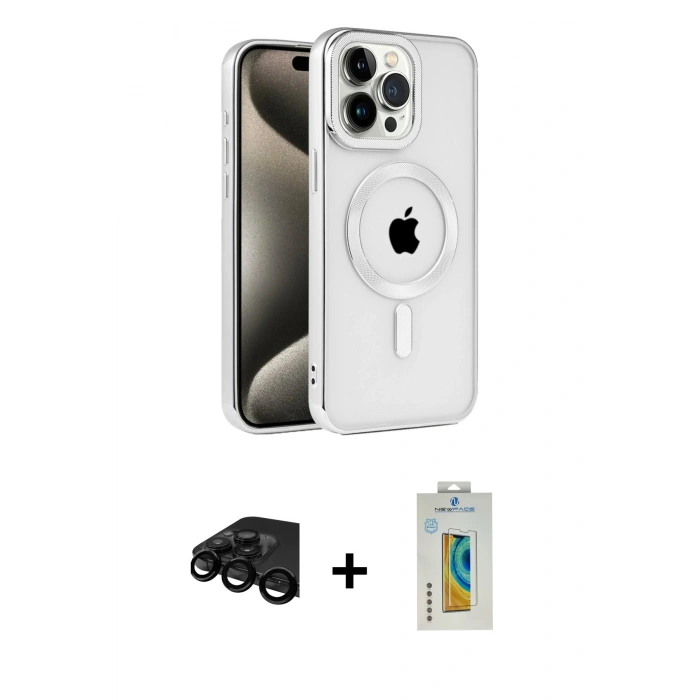 MARSİLYAN™- iPhone 15 Pro Max Kılıf Eksen Form Koleksiyonu - Siyah Polymer Nano Ekran Koruyucu + Raze Metal Kamera Lens - SH