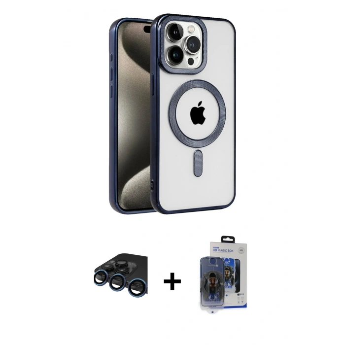 MARSİLYAN™- iPhone 15 Pro Max Kılıf Eksen Form Koleksiyonu - Siyah Vanessa Magic Cam + Raze Metal Kamera Lens - LT