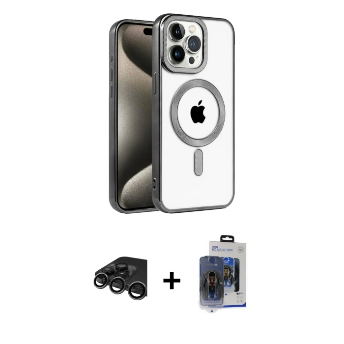 MARSİLYAN™- iPhone 15 Pro Max Kılıf Eksen Form Koleksiyonu - Siyah Vanessa Magic Cam + Raze Metal Kamera Lens - TMGI
