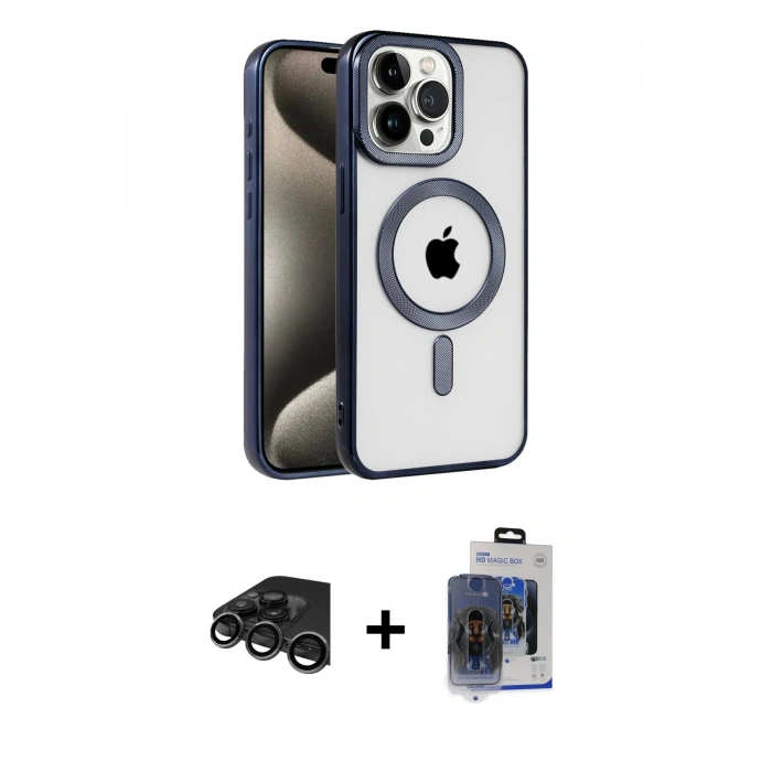 MARSİLYAN™- iPhone 15 Pro Max Kılıf Eksen Form Koleksiyonu - Siyah Vanessa Magic Cam + Raze Metal Kamera Lens - TMGI