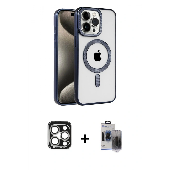 MARSİLYAN™- iPhone 15 Pro Max Kılıf Eksen Form Koleksiyonu - Siyah Vanessa Magic Hayalet Cam + Gümüş PVD Metal Kamera Lens