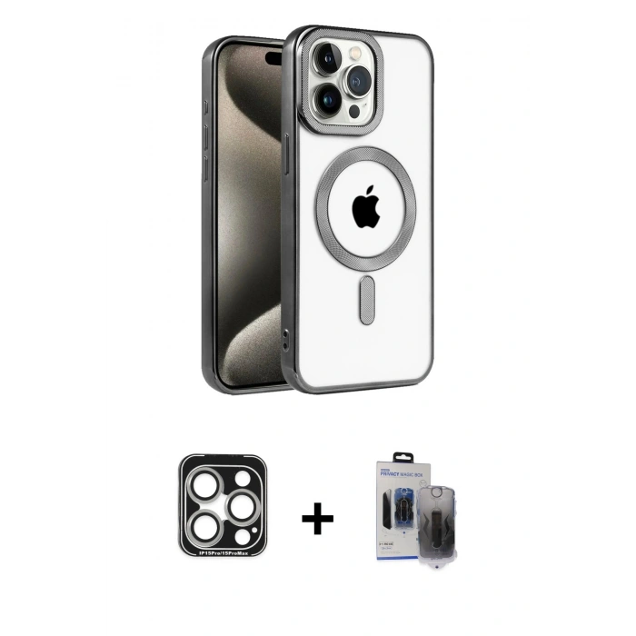 MARSİLYAN™- iPhone 15 Pro Max Kılıf Eksen Form Koleksiyonu - Siyah Vanessa Magic Hayalet Cam + Gümüş PVD Metal Kamera Lens