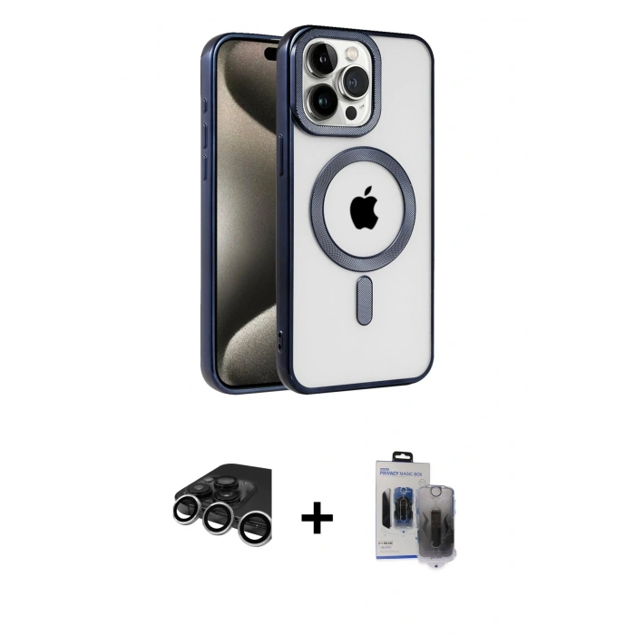 MARSİLYAN™- iPhone 15 Pro Max Kılıf Eksen Form Koleksiyonu - Siyah Vanessa Magic Hayalet Cam + Gümüş Raze Metal Kamera Lens