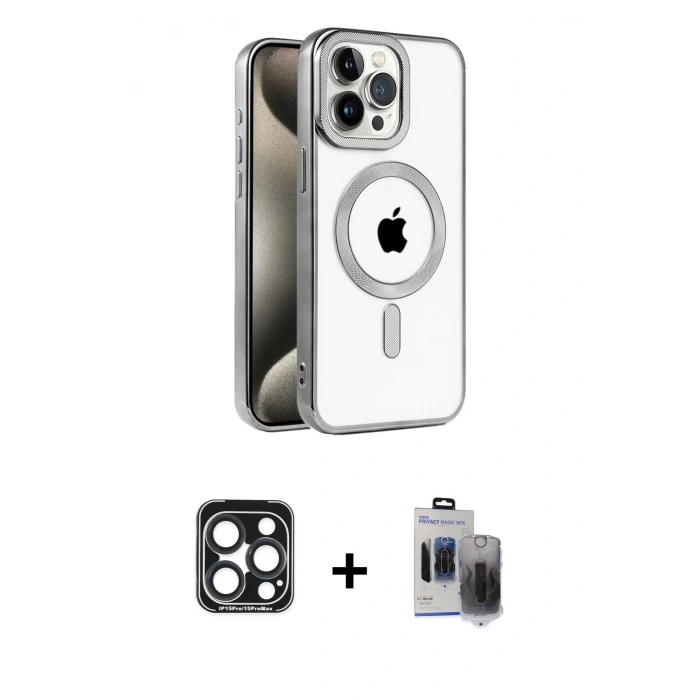MARSİLYAN™- iPhone 15 Pro Max Kılıf Eksen Form Koleksiyonu - Siyah Vanessa Magic Hayalet Cam + PVD Metal Kamera Lens - LT