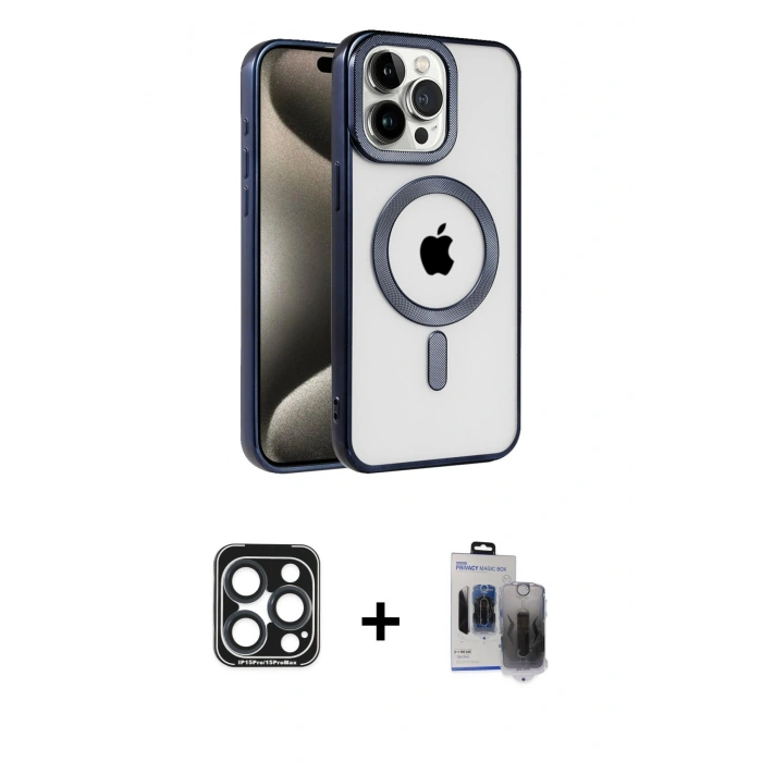 MARSİLYAN™- iPhone 15 Pro Max Kılıf Eksen Form Koleksiyonu - Siyah Vanessa Magic Hayalet Cam + PVD Metal Kamera Lens - LT