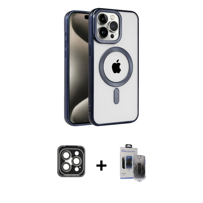 MARSİLYAN™- iPhone 15 Pro Max Kılıf Eksen Form Koleksiyonu - Siyah Vanessa Magic Hayalet Cam + PVD Metal Kamera Lens - GI
