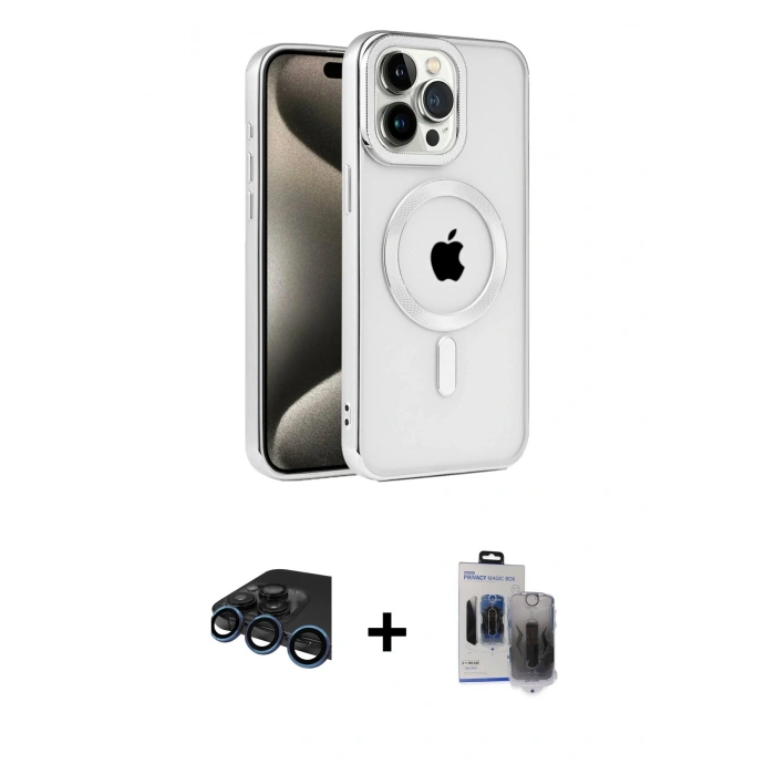 MARSİLYAN™- iPhone 15 Pro Max Kılıf Eksen Form Koleksiyonu - Siyah Vanessa Magic Hayalet Cam + Raze Metal Kamera Lens - LT