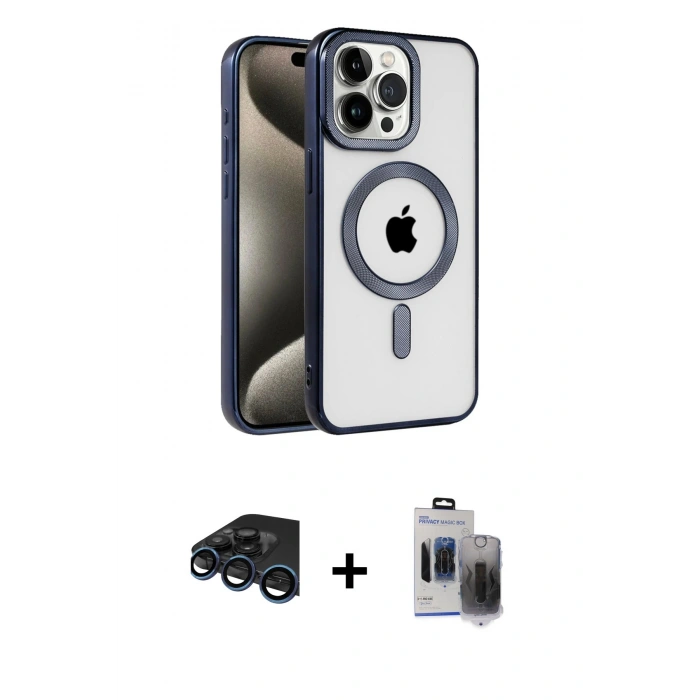 MARSİLYAN™- iPhone 15 Pro Max Kılıf Eksen Form Koleksiyonu - Siyah Vanessa Magic Hayalet Cam + Raze Metal Kamera Lens - LT