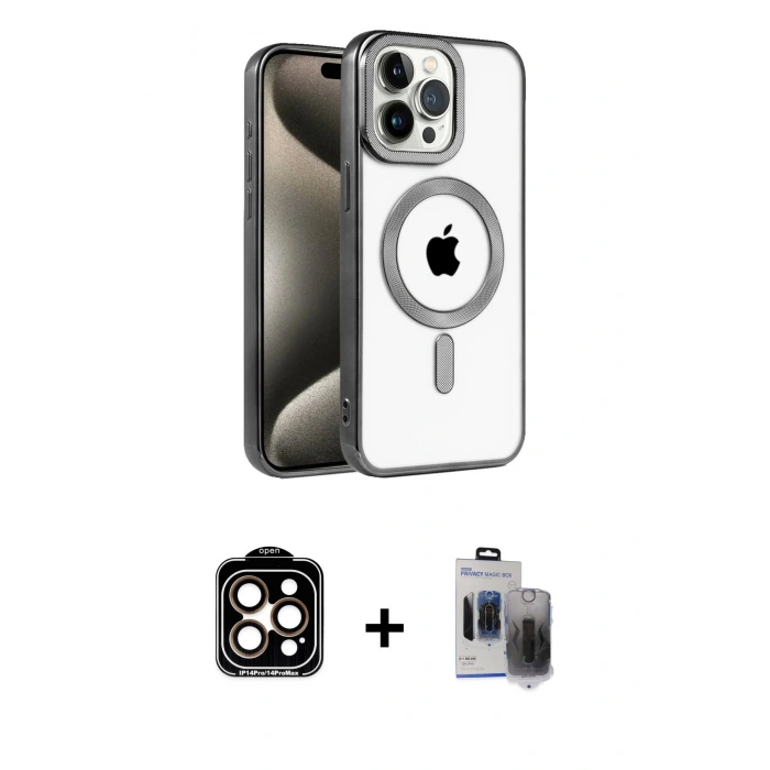 MARSİLYAN™- iPhone 15 Pro Max Kılıf Eksen Form Koleksiyonu - Siyah Vanessa Magic Hayalet Cam + PVD Metal Kamera Lens - TU