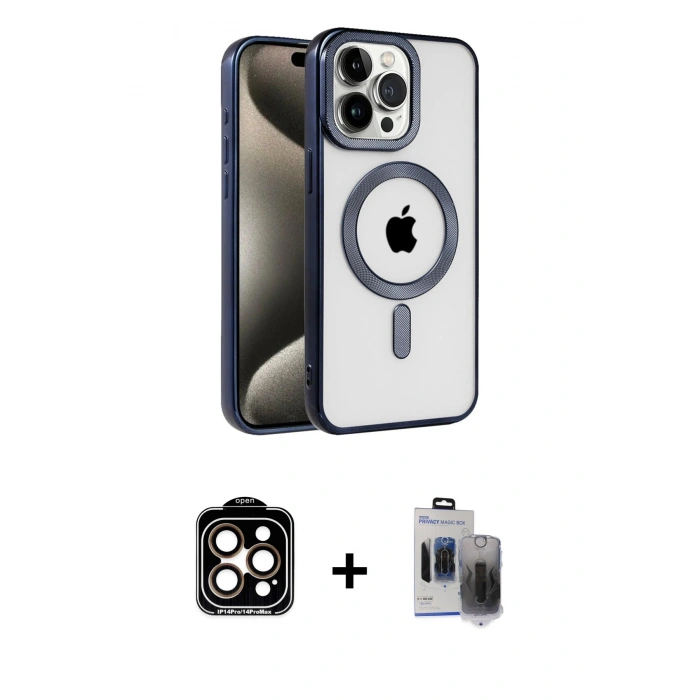 MARSİLYAN™- iPhone 15 Pro Max Kılıf Eksen Form Koleksiyonu - Siyah Vanessa Magic Hayalet Cam + PVD Metal Kamera Lens - TU