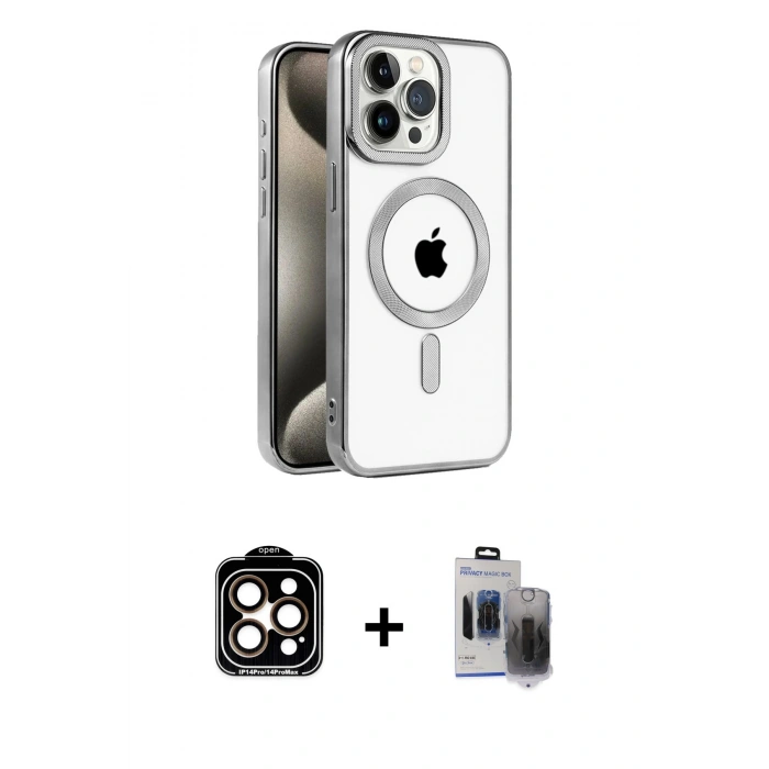 MARSİLYAN™- iPhone 15 Pro Max Kılıf Eksen Form Koleksiyonu - Siyah Vanessa Magic Hayalet Cam + PVD Metal Kamera Lens - TU