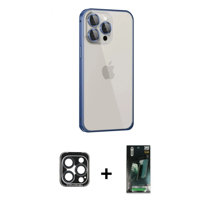 MARSİLYAN™- iPhone 15 Pro Max Kılıf Eksen Form Serisi - Şeffaf 360 Full Body Arka Koruyucu + PVD Metal Kamera Lens - LT
