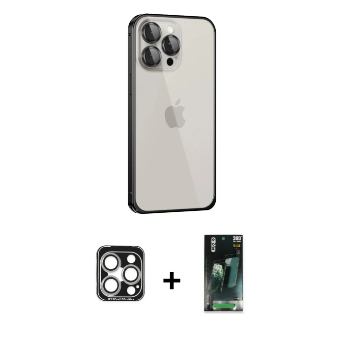 MARSİLYAN™- iPhone 15 Pro Max Kılıf Eksen Form Serisi - Şeffaf 360 Full Body Arka Koruyucu + PVD Metal Kamera Lens - GS