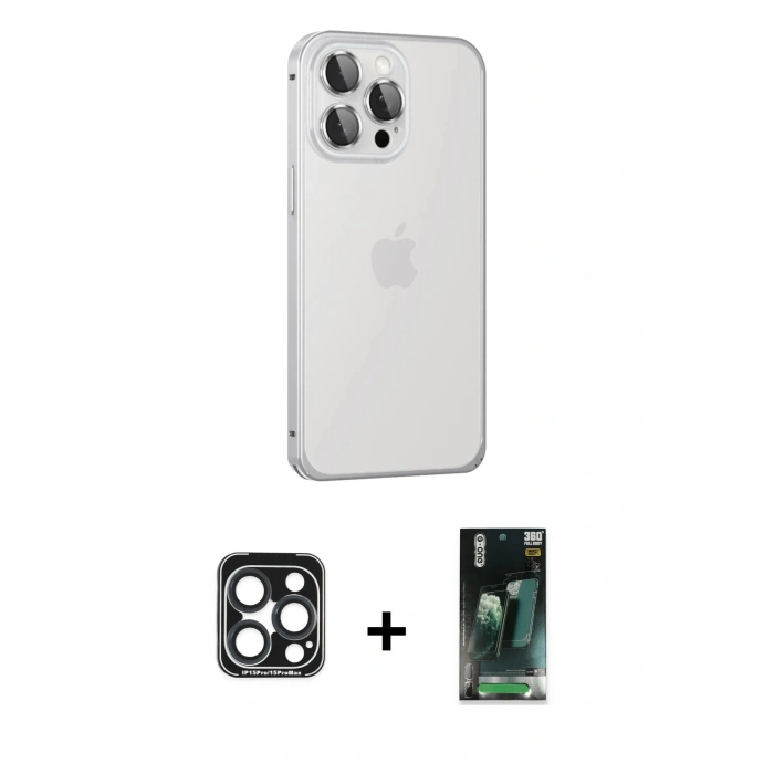 MARSİLYAN™- iPhone 15 Pro Max Kılıf Eksen Form Serisi - Şeffaf 360 Full Body Arka Koruyucu + PVD Metal Kamera Lens - LT