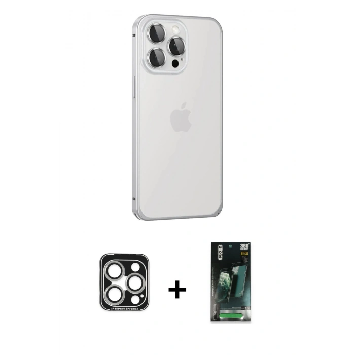 MARSİLYAN™- iPhone 15 Pro Max Kılıf Eksen Form Serisi - Şeffaf 360 Full Body Arka Koruyucu + PVD Metal Kamera Lens - GS