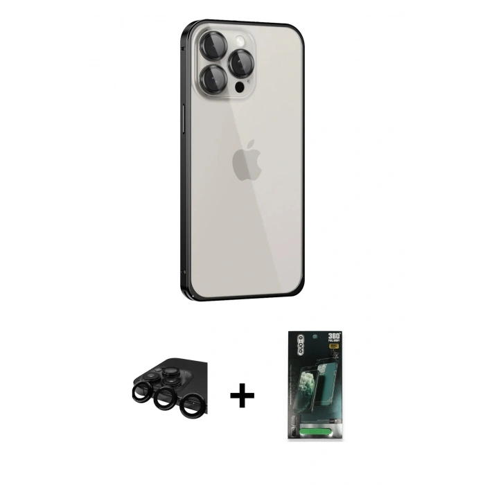MARSİLYAN™- iPhone 15 Pro Max Kılıf Eksen Form Serisi - Şeffaf 360 Full Body Arka Koruyucu + Raze Metal Kamera Lens - SH