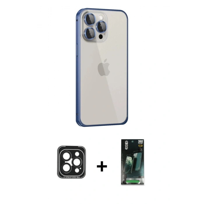 MARSİLYAN™- iPhone 15 Pro Max Kılıf Eksen Form Serisi - Şeffaf 360 Full Body Arka Koruyucu + Siyah PVD Metal Kamera Lens