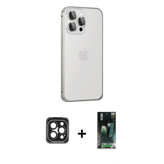 MARSİLYAN™- iPhone 15 Pro Max Kılıf Eksen Form Serisi - Şeffaf 360 Full Body Arka Koruyucu + Siyah PVD Metal Kamera Lens