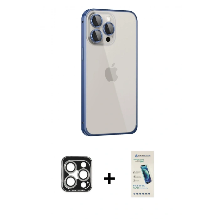 MARSİLYAN™- iPhone 15 Pro Max Kılıf Eksen Form Serisi - Şeffaf Pasifik Cam Ekran Koruyucu + PVD Metal Kamera Lens - GS