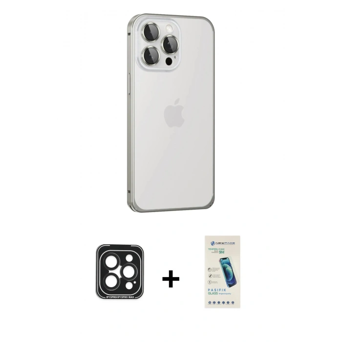 MARSİLYAN™- iPhone 15 Pro Max Kılıf Eksen Form Serisi - Şeffaf Pasifik Cam Ekran Koruyucu + PVD Metal Kamera Lens - SH