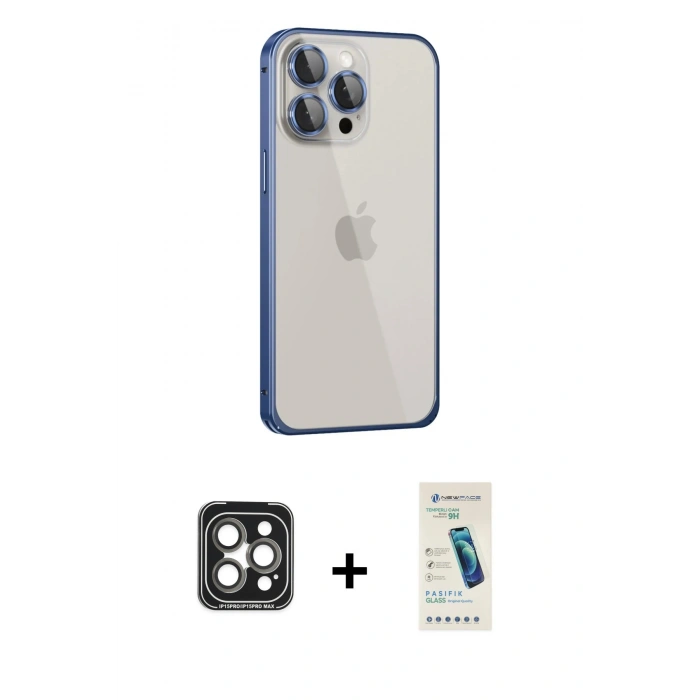 MARSİLYAN™- iPhone 15 Pro Max Kılıf Eksen Form Serisi - Şeffaf Pasifik Cam Ekran Koruyucu + PVD Metal Kamera Lens - GI