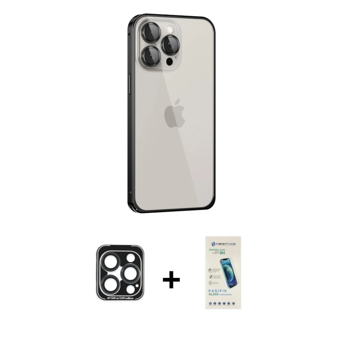 MARSİLYAN™- iPhone 15 Pro Max Kılıf Eksen Form Serisi - Şeffaf Pasifik Cam Ekran Koruyucu + PVD Metal Kamera Lens - LT
