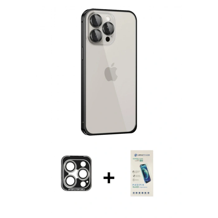 MARSİLYAN™- iPhone 15 Pro Max Kılıf Eksen Form Serisi - Şeffaf Pasifik Cam Ekran Koruyucu + PVD Metal Kamera Lens - GS